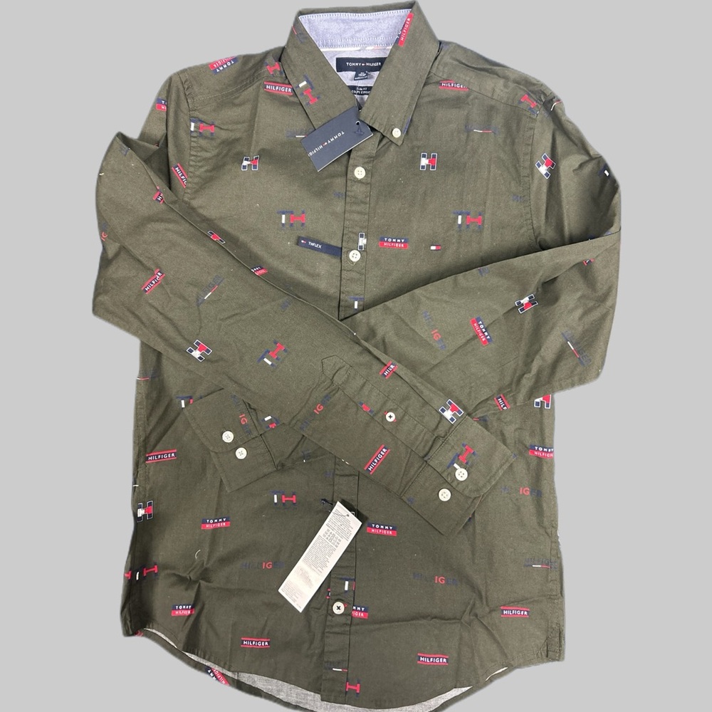 NWT- BOYS XSTommy Hilfiger Olive Green  Shirt, Slim Fit